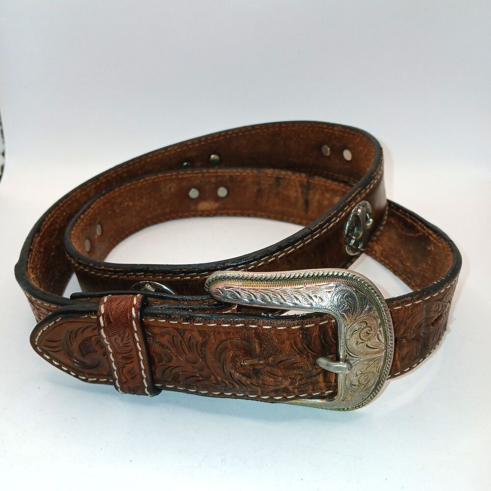 3D Belt Mens Size 40 Brown Hand Tooled Western Concho Cross Studded